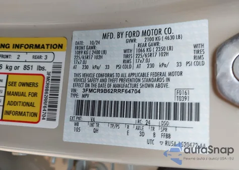 2024 Ford Bronco Sport Big Bend z USA, uszkodzony, nr VIN 3FMCR9B62RRF64704